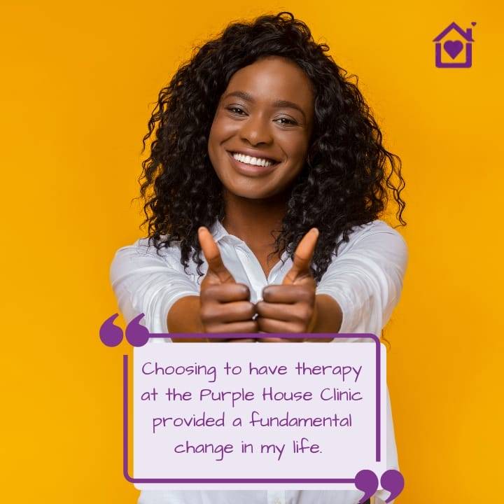 Smiling woman giving thumbs up with a Purple House Clinic logo and testimonial quote