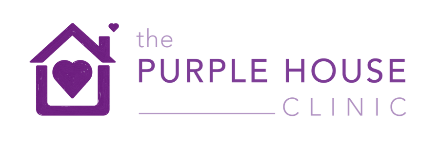 The Purple House Clinic logo: To the left, a simple purple house with a purple heart inside, with a small purple heart coming from the chimney. To the right, the Purple House Clinic text logo.